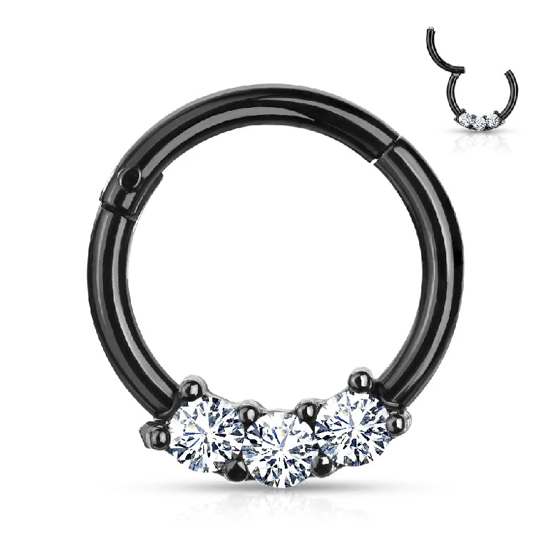 diamond band rings-Black Jewelled High Quality Precision Triple CZ Hinged Ring - E319C