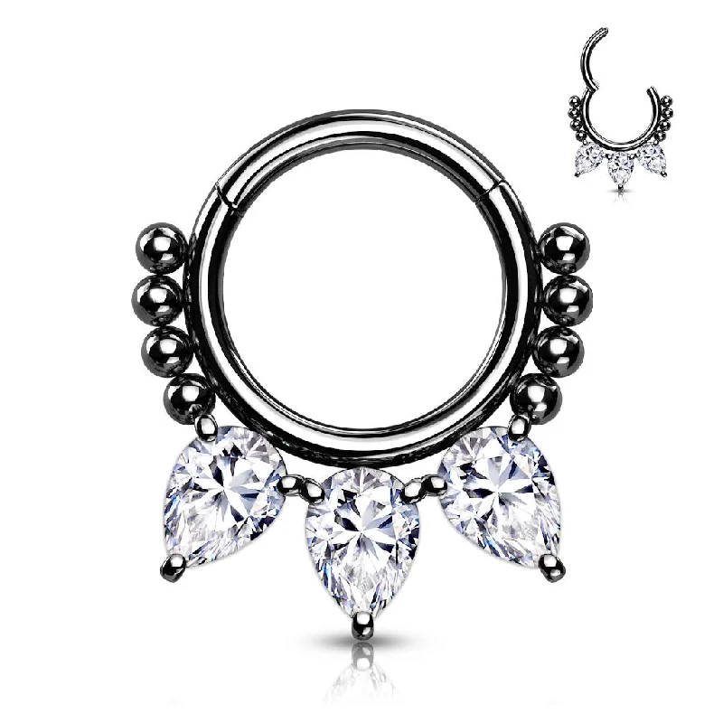 silver ring sets for women-Black Jewelled Hinged Daith/Septum Clicker - E21A