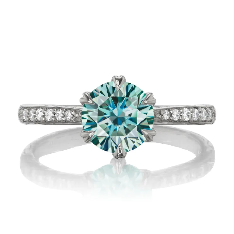 vintage style wedding rings-・CAMILLE・Aqua-Teal Iconic™ Moissanite, Twig Textured Diamond Band (1.25ct Center)