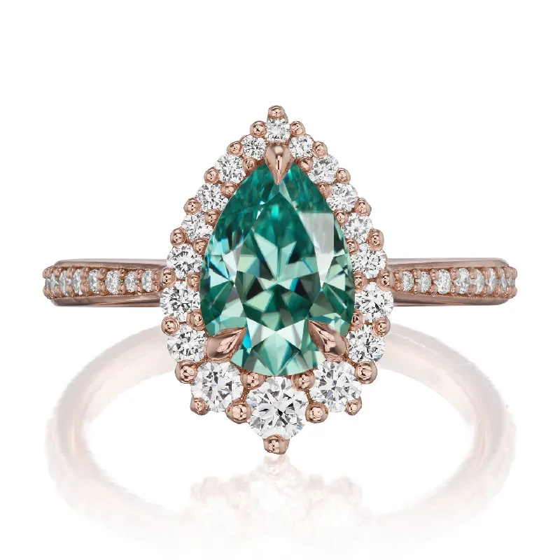 engagement rings with colored stones-・CELESTE・Pear Aqua-Teal Iconic™ Moissanite Center, Diamond Halo (1.83ctw+)