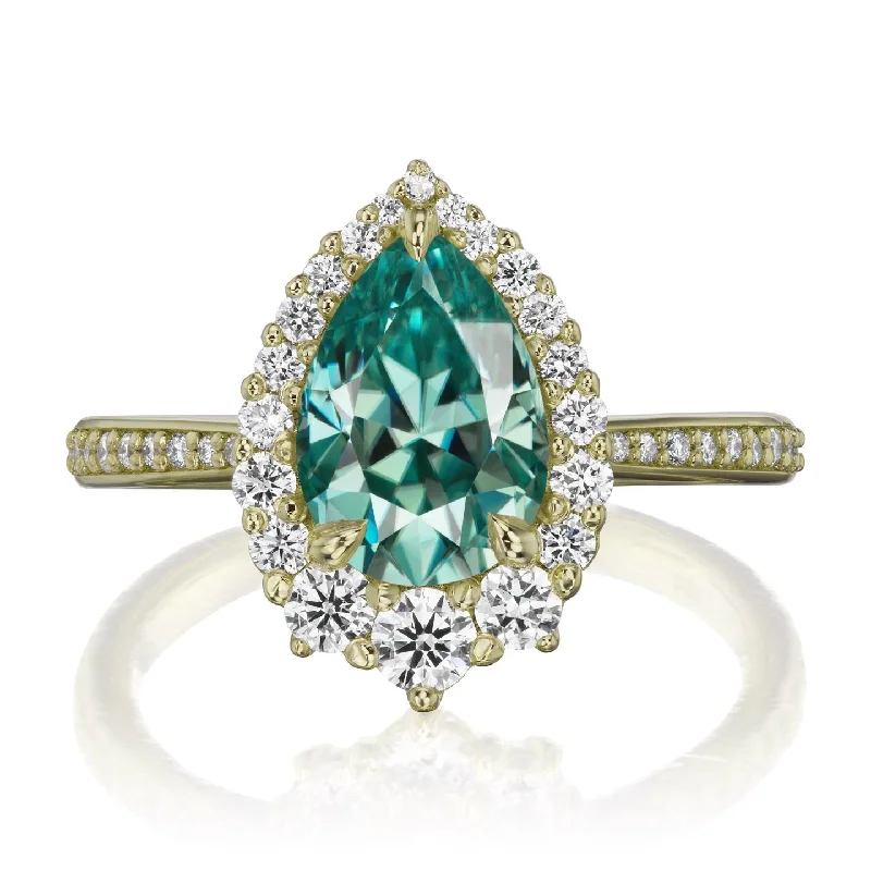 women’s fashion rings-・CELESTE・Pear Aqua-Teal Iconic™ Moissanite Center, Diamond Halo (2.58ctw+)