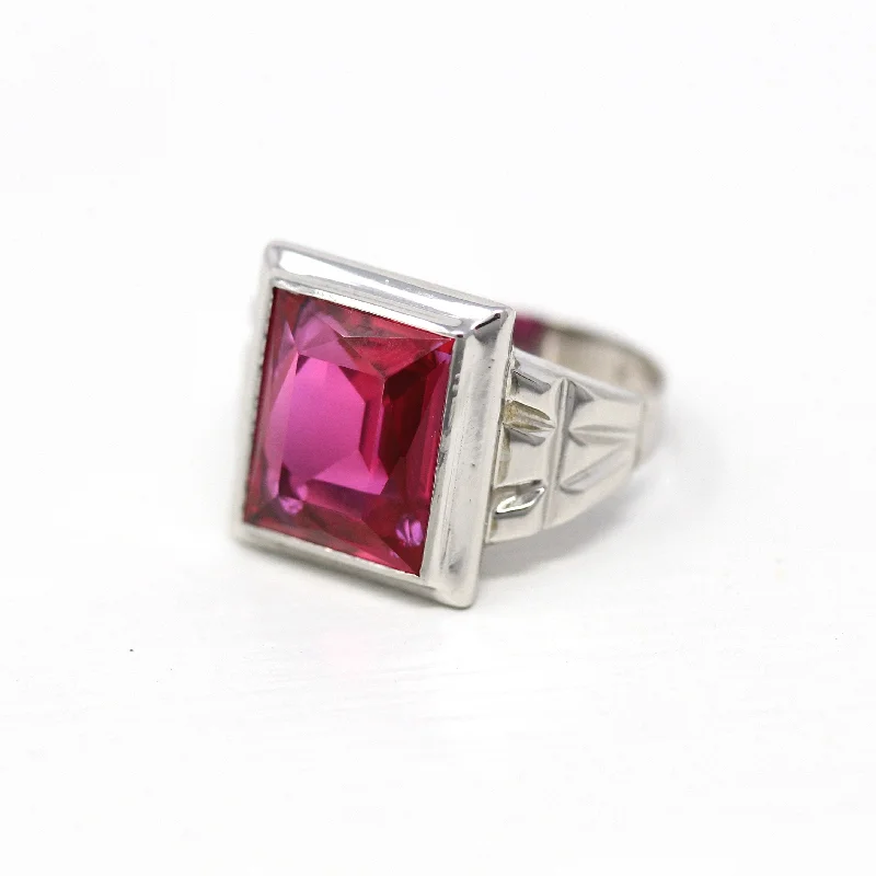 personalized name rings-Sale - Created Ruby Ring - Art Deco 10k White Gold Rectangular Faceted 6.46 CT Pink Stone - Vintage 1930s Era Size 6 July Birthstone Jewelry