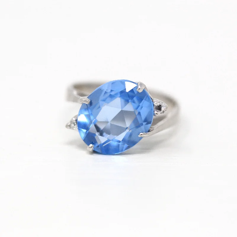 art deco engagement rings-Sale - Created Spinel Ring - Retro 10k White Gold Oval Faceted 4.83 CT Blue Stone - Vintage Circa 1960s Era Size 5 1/2 Statement 60s Jewelry