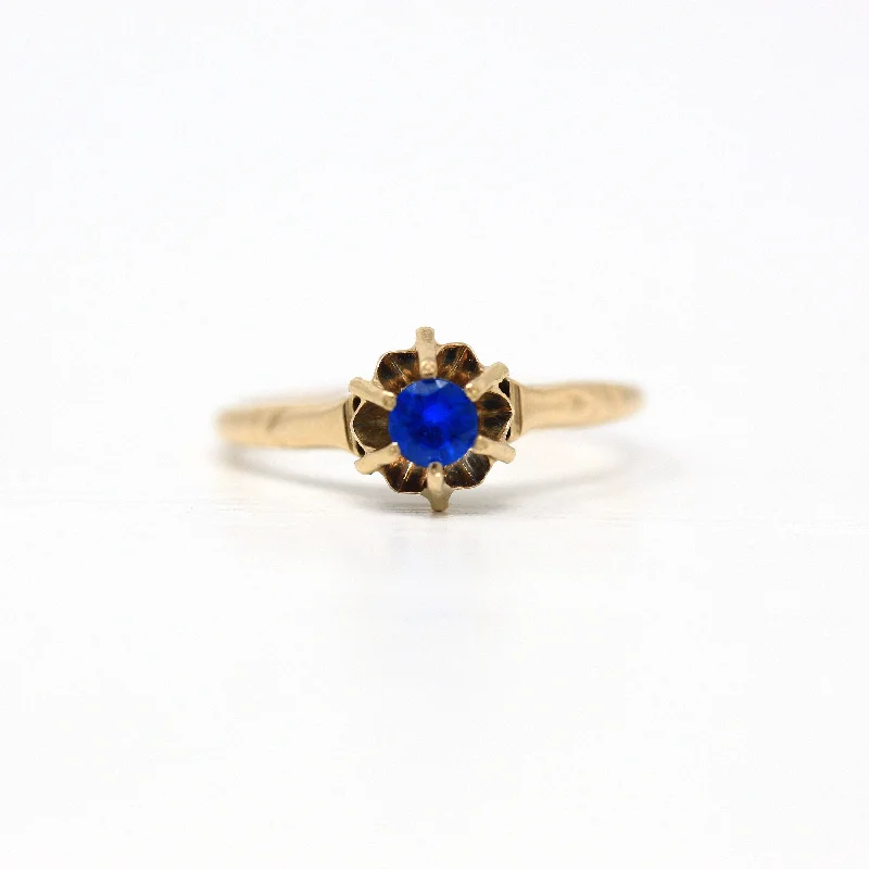 women’s chunky rings-Sale - Created Spinel Ring - Retro 14k Yellow Gold Round Faceted .19 CT Blue Stone - Vintage Circa 1960s Era Size 5 3/4 Solitaire Jewelry