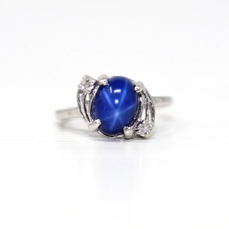 sapphire engagement rings-Sale - Created Star Sapphire Ring - Retro 14k White Gold Blue 2.06 CT Stone - Vintage Circa 1960s Size 5 1/4 September Birthstone Jewelry