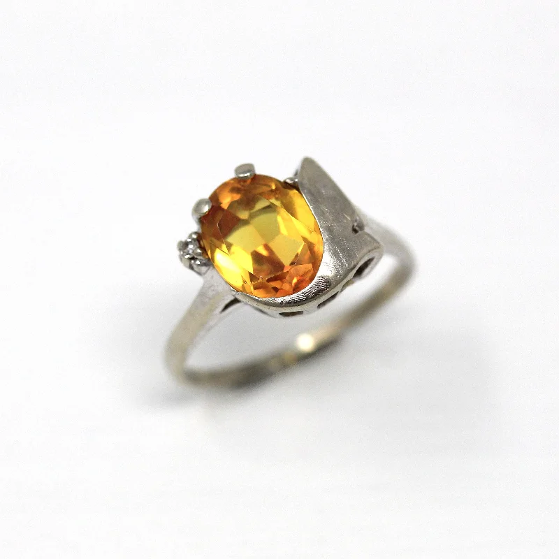 white gold engagement rings-Sale - Created Yellow Sapphire Ring - Mid Century 10k White Gold 2.83 CT Stone - Vintage Circa 1950s Size 6 3/4 Asymmetrical Fine Jewelry