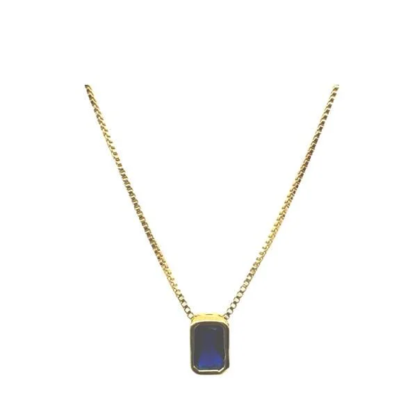 delicate gold necklace for daily wear -Delicate CZ Rectangular Charm on Gold Fill Chain: Blue (NGCH4085B)