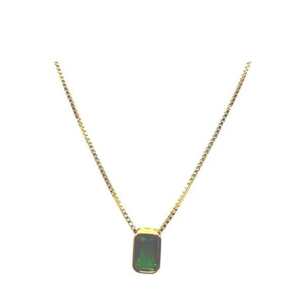 custom nameplate necklace -Delicate CZ Rectangular Charm on Gold Fill Chain: Emerald  (NGCH4085E)