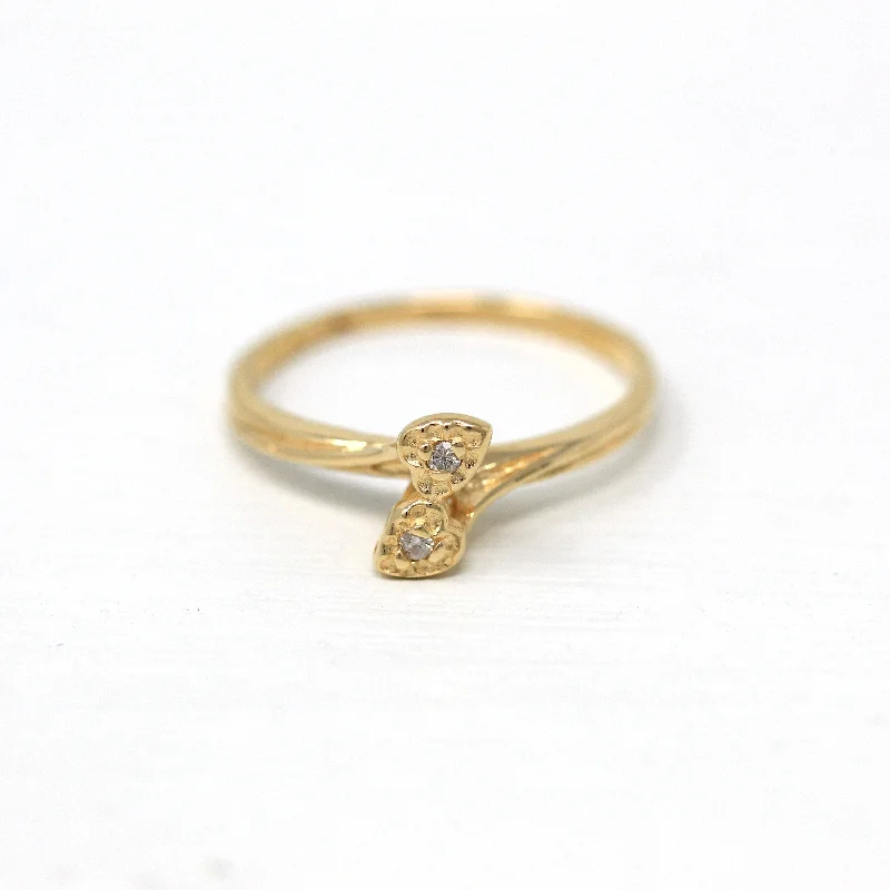 unique engagement rings-Sale - Diamond Heart Ring - Retro 14k Yellow Gold Bypass Style .02 CTW Gem - Vintage Circa 1970s Era Size 6 1/2 April Birthstone 70s Jewelry