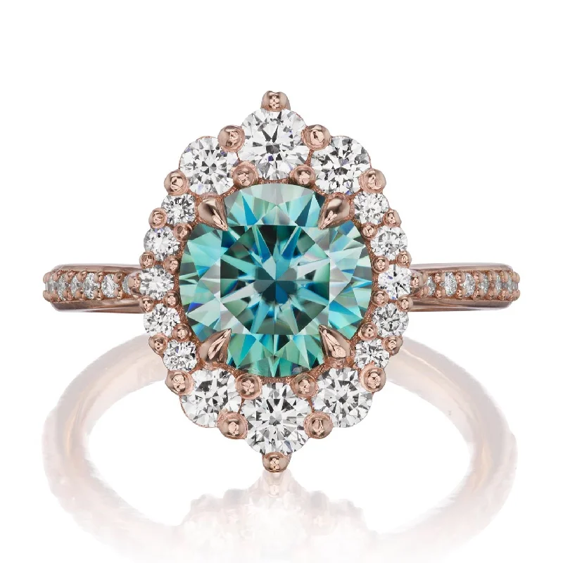 adjustable gemstone rings-・EMERSON・Aqua-Teal Iconic™ Moissanite Center, Diamond Halo (2.55ctw+)