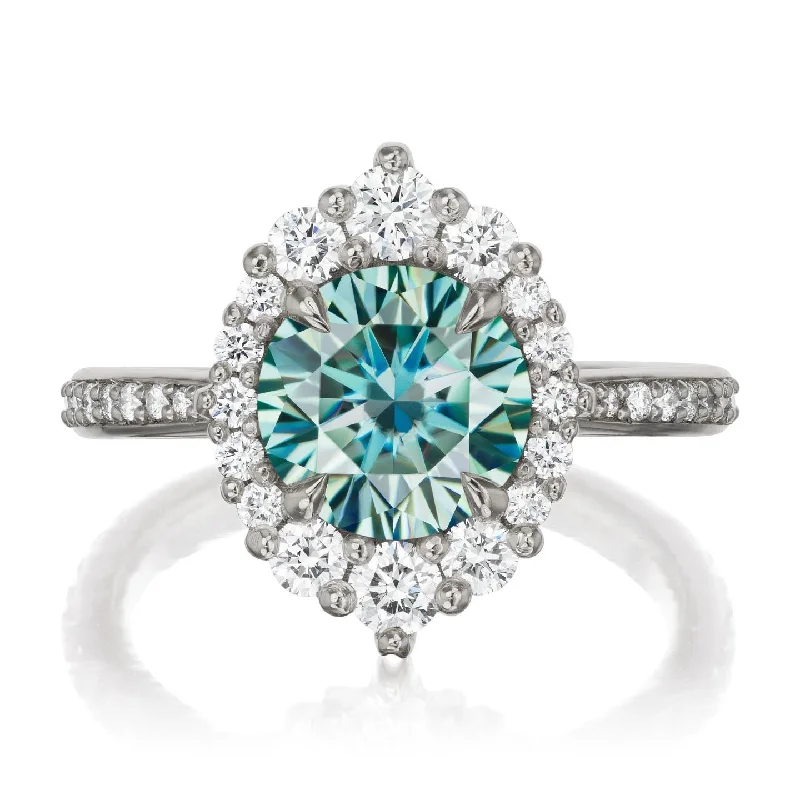 fashion rings for men-・EMERSON・Aqua-Teal Iconic™ Moissanite Center, Diamond Halo (1.93ctw+)