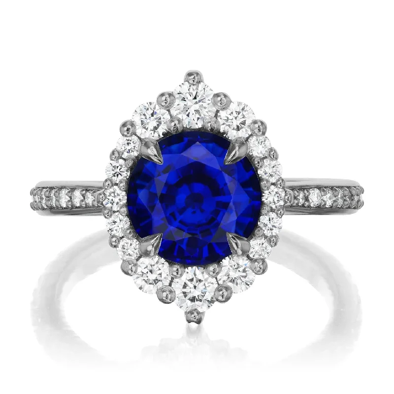 vintage rings for women-・EMERSON・Blue Sapphire Center, Diamond Halo (2.68ctw+)