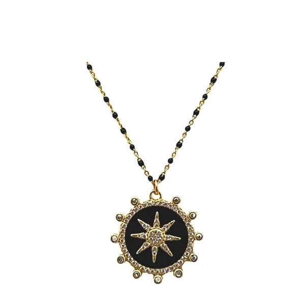 simple chain necklace for women -Enamel Starburst Charm on Plated or Gold Vermeil Beaded Chain: Black (_NGP756X)