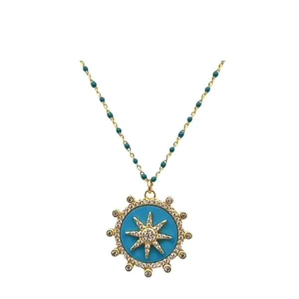 religious cross necklace for men -Enamel Starburst Charm on Plated or Gold Vermeil Beaded Chain:Turquoise (_NGP756TQ)