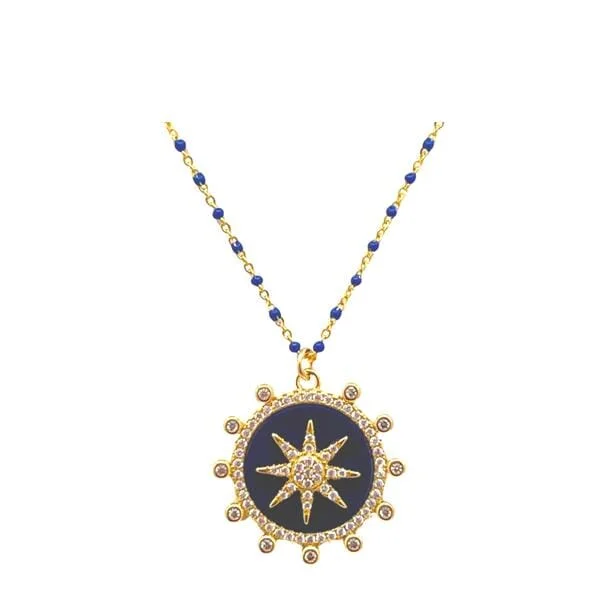 leather cord necklace for men -Enamel Starburst Charm on Plated or Gold Vermeil Beaded Chain:Lapis (_NGP756LP)