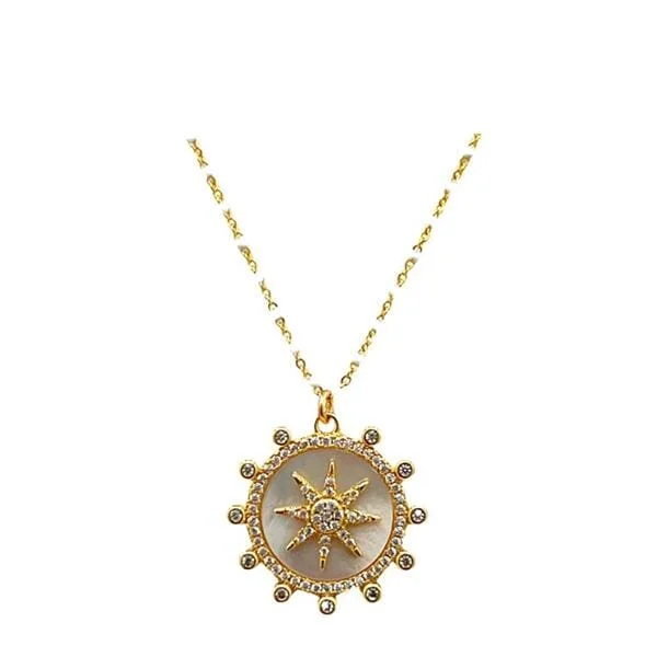 geometric necklace for women -Enamel Starburst Charm on Plated or Gold Vermeil Beaded Chain: White (_NGP756MN)