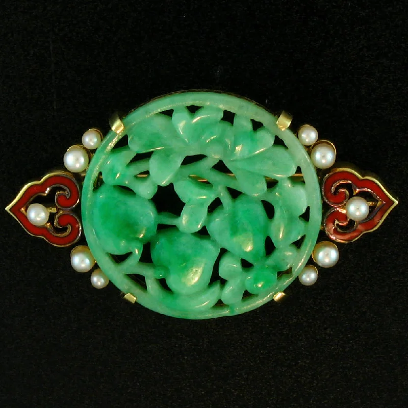 silver rings for men-Estate Carved Green Jade Disc with Pearls and Enamel set in 14k yellow gold