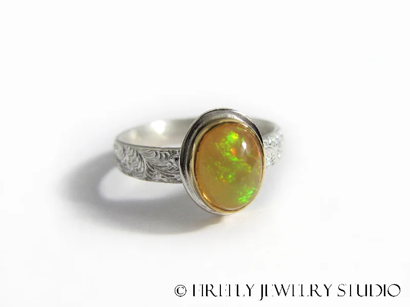 wedding bands for couples-Ethiopian Opal Ring in 24k Gold and Sterling. Size 6.5