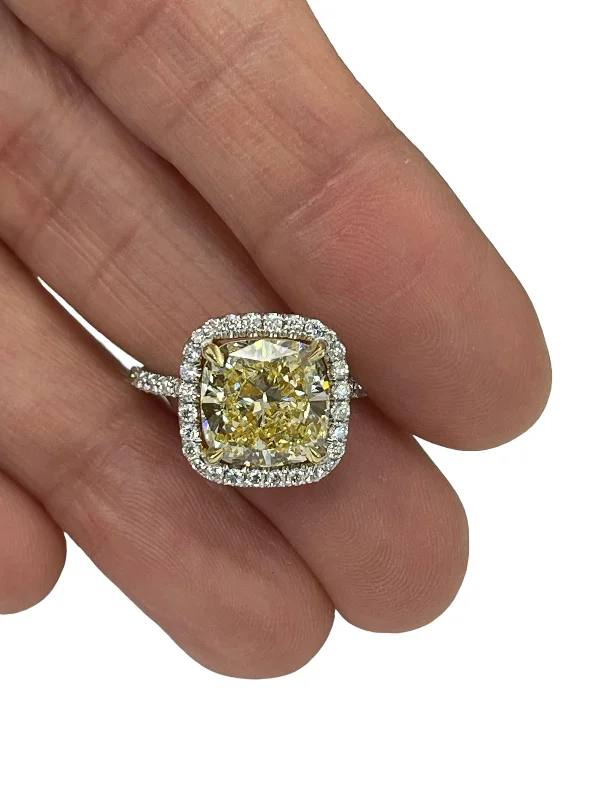 ring sets for brides-Fancy Yellow Cushion Diamond Engagement Ring Set GIA White Gold