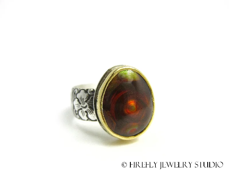 wedding ring sets-Fire Agate Vortex Ring in 24k Gold and Sterling Silver. Size 6.75