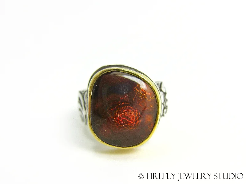 wedding bands for women-Fire Agate Dragon Skin Ring in 24k Gold and Sterling Silver. Size 6.25