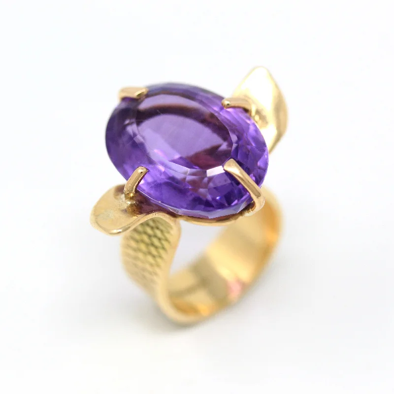 wedding bands for women-Sale - Genuine Amethyst Ring - Retro 14k Yellow Gold Purple Faceted 15.90 CT Gem - Vintage Circa 1970s Size 5 1/2 Maximalist Fine Jewelry