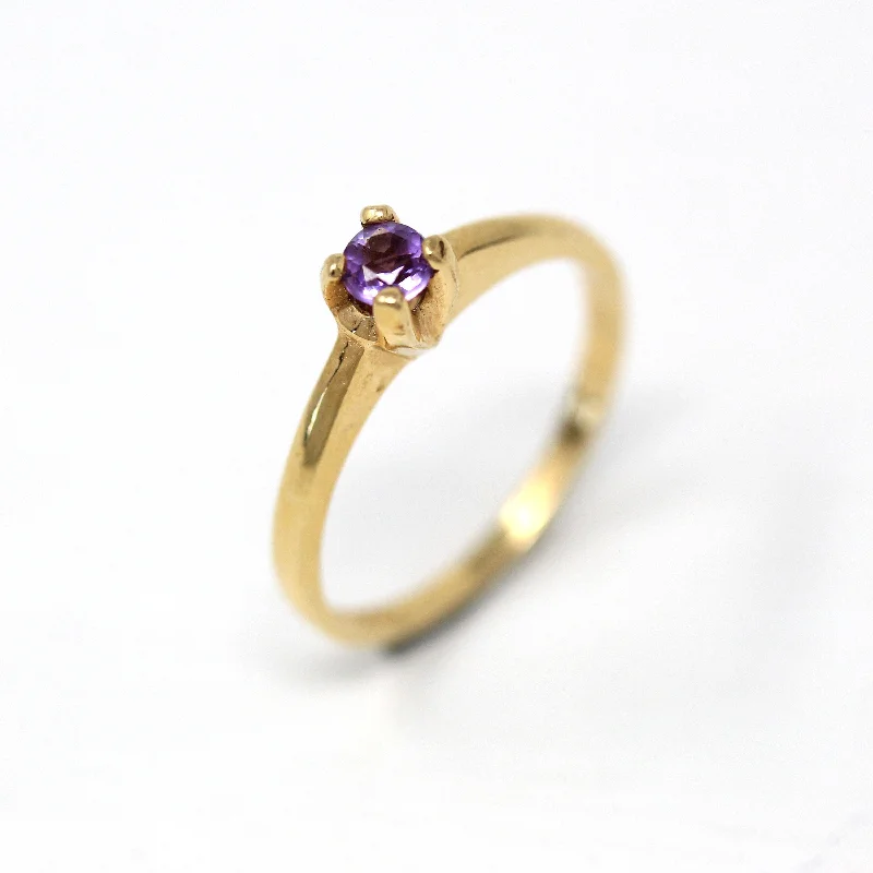 silver wedding bands-Sale - Genuine Amethyst Ring - Retro 14k Yellow Gold Round Faceted .12 CT Gem - Vintage Circa 1970s Size 5 1/2 February Birthstone Jewelry