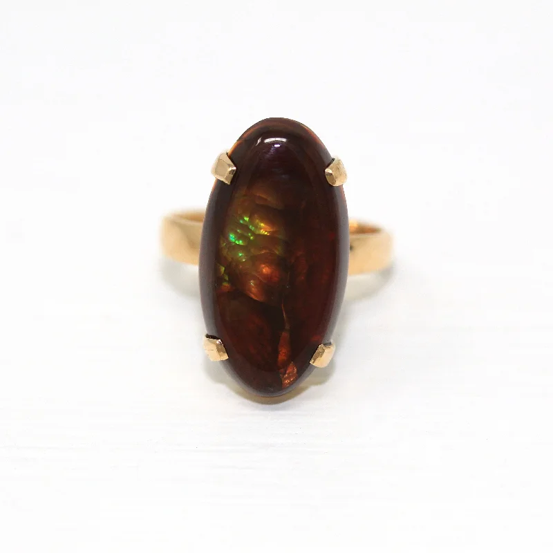 wedding rings with engraving-Sale - Genuine Fire Agate Ring - Estate 14k Yellow Gold Cabochon Cut Unique Brown Gemstone - Size 5 Statement 4.93 Ct Oblong Fine Jewelry