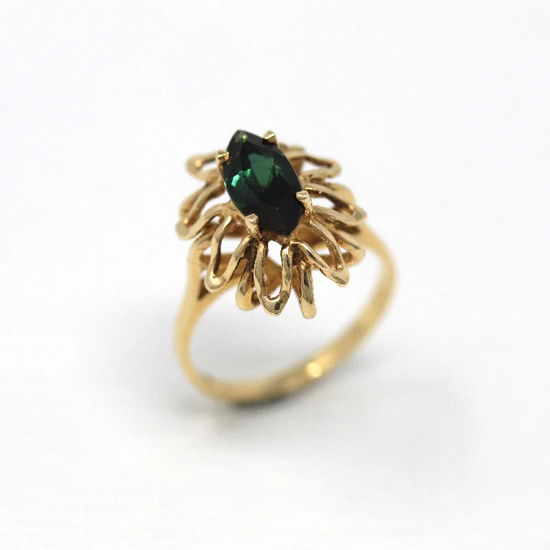 unique men’s rings-Sale - Genuine Tourmaline Ring - Retro 14k Yellow Gold Marquise Cut .75 CT Gem - Retro Circa 1970s Era Size 5 Statement Flower Fine Jewelry