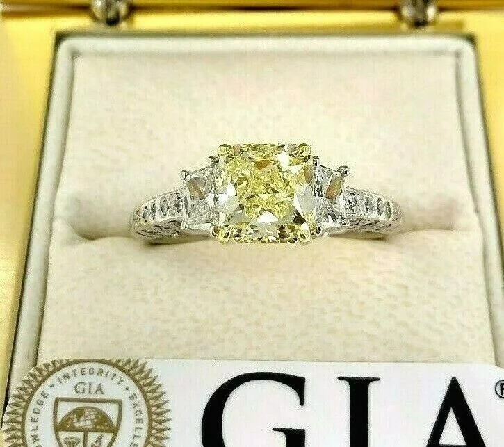 silver rings with gemstones-GIA 2.60 Carats t.w. Radiant Fancy Yellow VS1 Trapezoids Diamond Engagement Ring