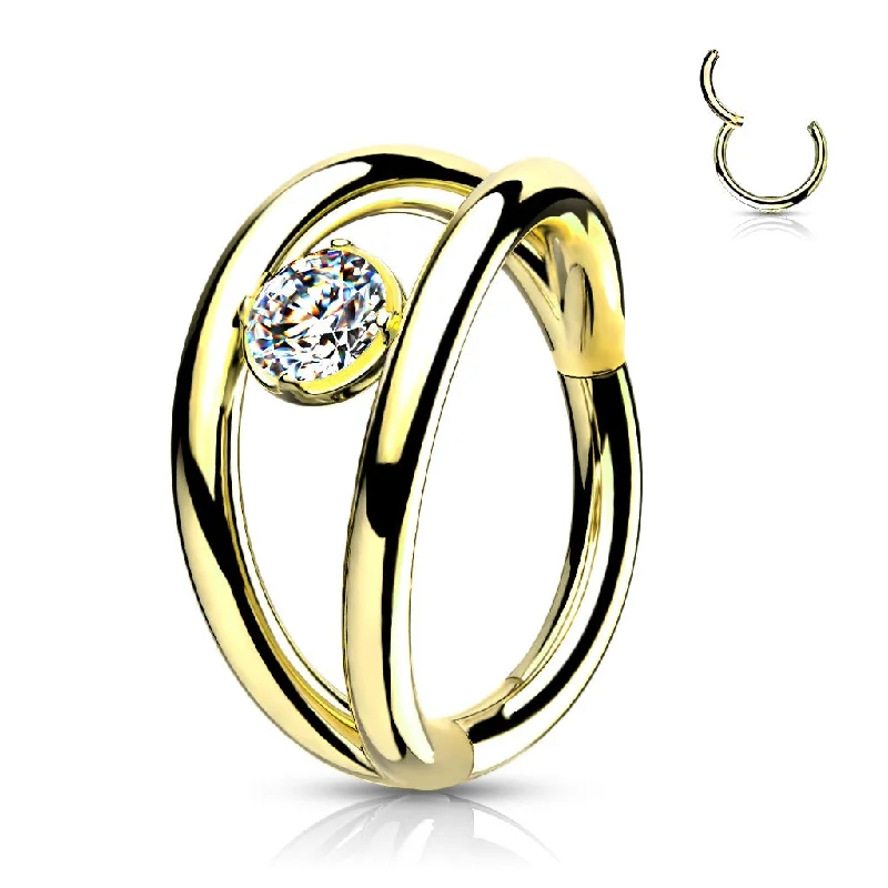 platinum engagement rings-Gold Jewelled Double Hoop Hinged Segment Ring - E504A