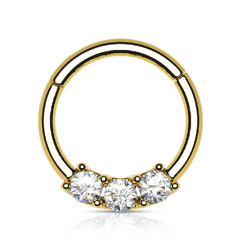 women’s wedding sets-Gold Jewelled High Quality Precision Triple CZ Hinged Ring - E319D