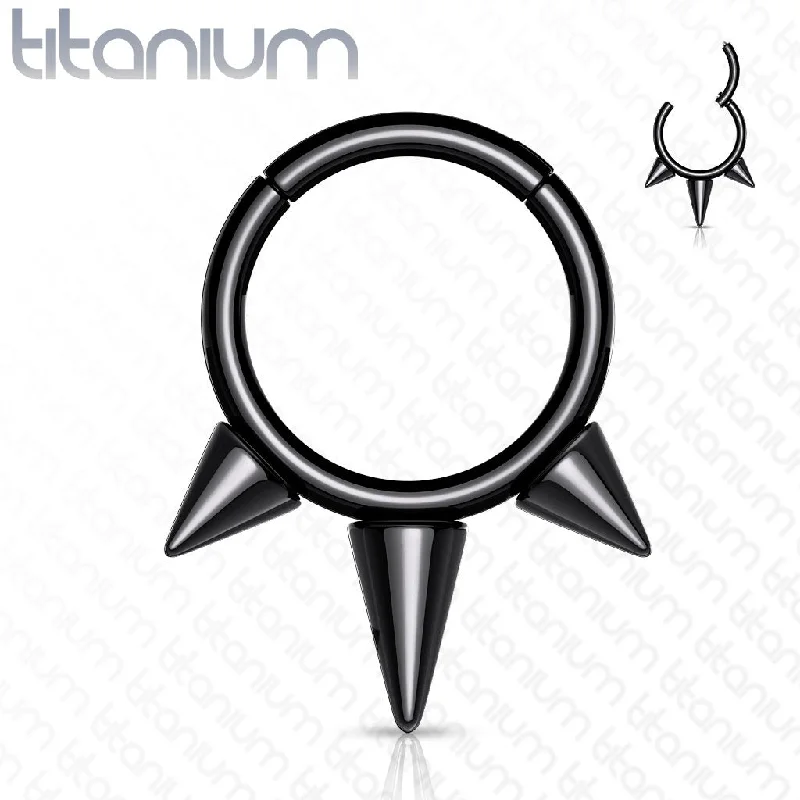 gold wedding rings-Implant Grade Titanium Black Hinged Segment Hoop Ring with Spikes - T92A