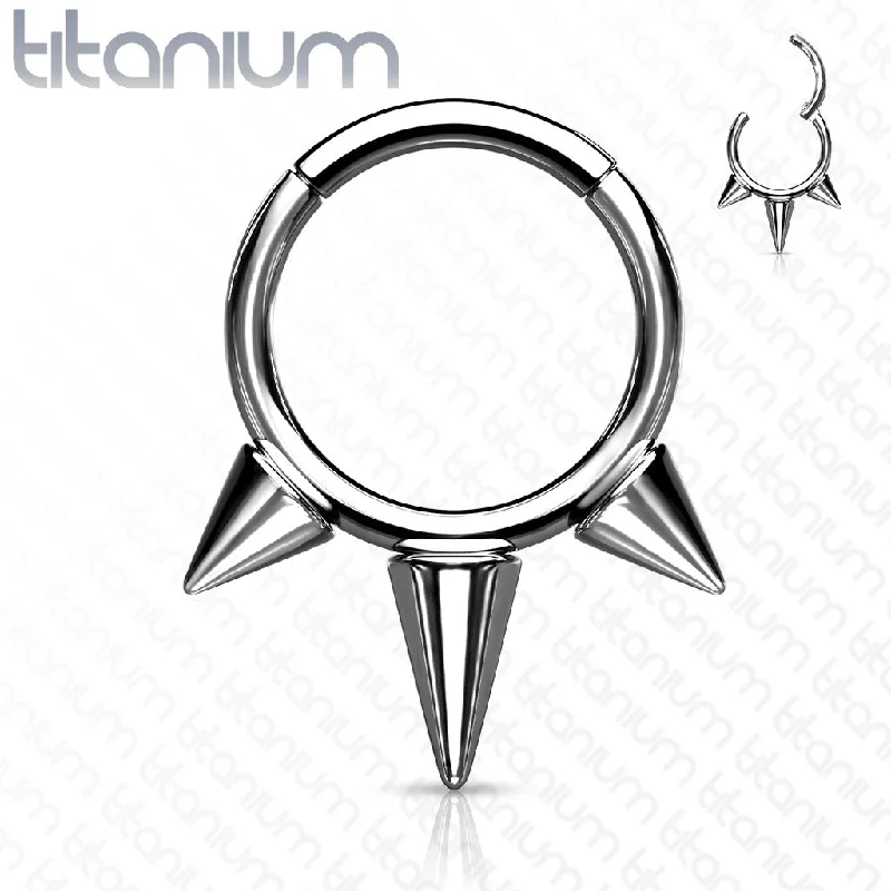 engagement rings for women-Implant Grade Titanium High Polish Hinged Segment Hoop Ring with Spikes - T92