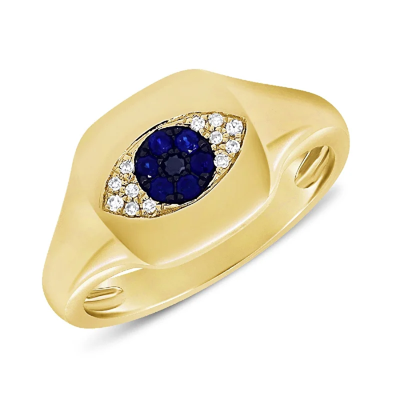 gold wedding rings-Joelle Diamond & Blue Sapphire Evil Eye Signet Pinky Ring 14k Gold