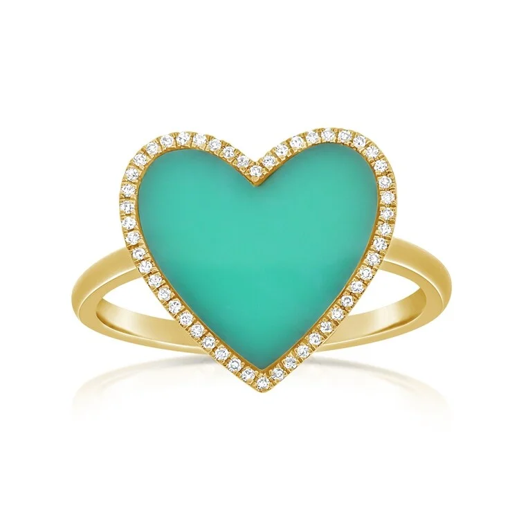 titanium wedding rings-Joelle Diamond Pave Turquoise Heart Ring 14k Gold