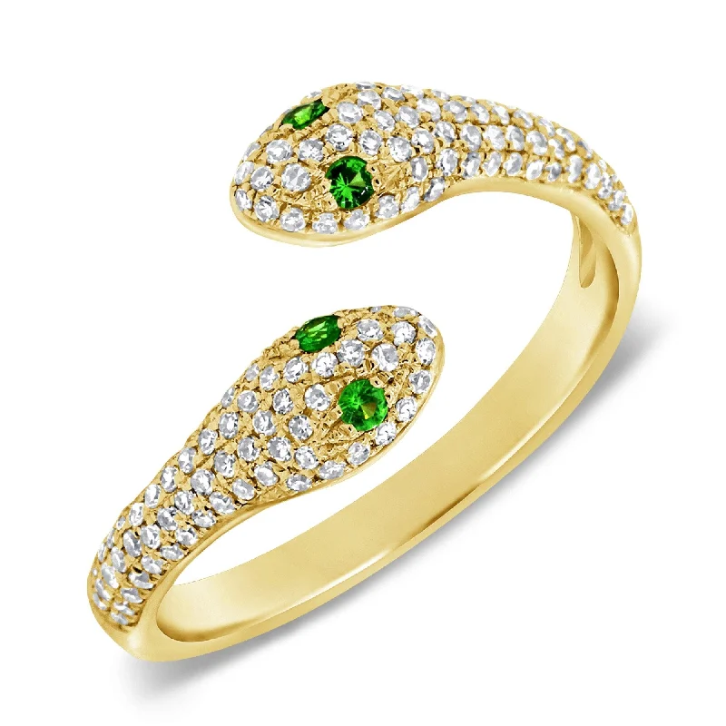 silver statement rings-Joelle Pave Snake Ring Diamond 1/3 ct. & Tsavorite 14K Gold Ring Size 6.5