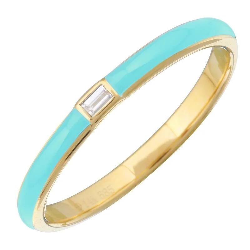 silver wedding bands-Joelle Turquoise Enamel & Diamond Band Ring 14K Yellow Gold Ring Size 6.5