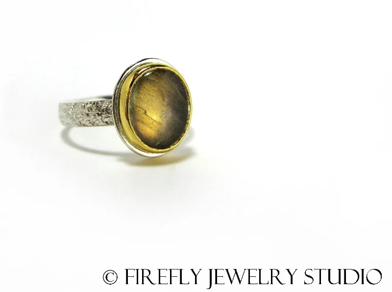 unique wedding bands-Labradorite Moon Glow Ring in 24k Gold and Sterling. Size 7.75