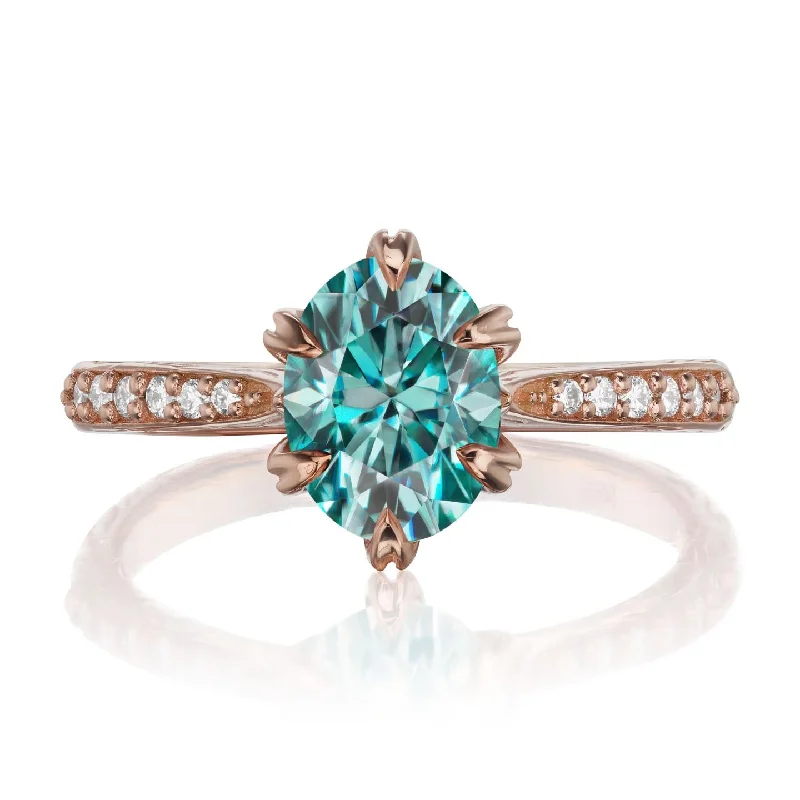 unique men’s rings-・LAYLA・Oval Aqua-Teal Iconic™ Moissanite, Twig Textured Diamond Band (1.5ct Center)