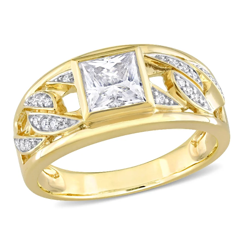 women’s pearl rings-Miadora 1 1/3 CT TW Moissanite Mens Ring with Link Design in 10k Yellow Gold