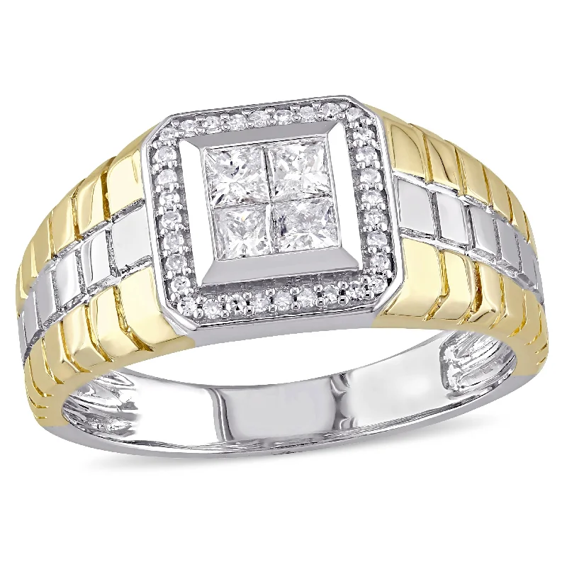 gemstone rings for women-Miadora 1/2ct TDW Princess Cut Quad and Round Diamond Mens Ring in Two-Tone 10k Gold