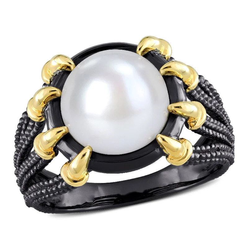 diamond band rings-Miadora 10.5-11 mm Cultured Freshwater Pearl Ring in Black Rhodium Plated Yellow Silver