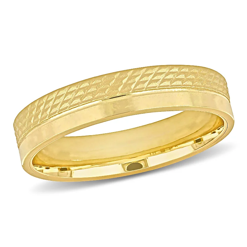 silver ring sets for women-Miadora 5 mm Mens Half Geometric Pattern Wedding Band in 14k Yellow Gold