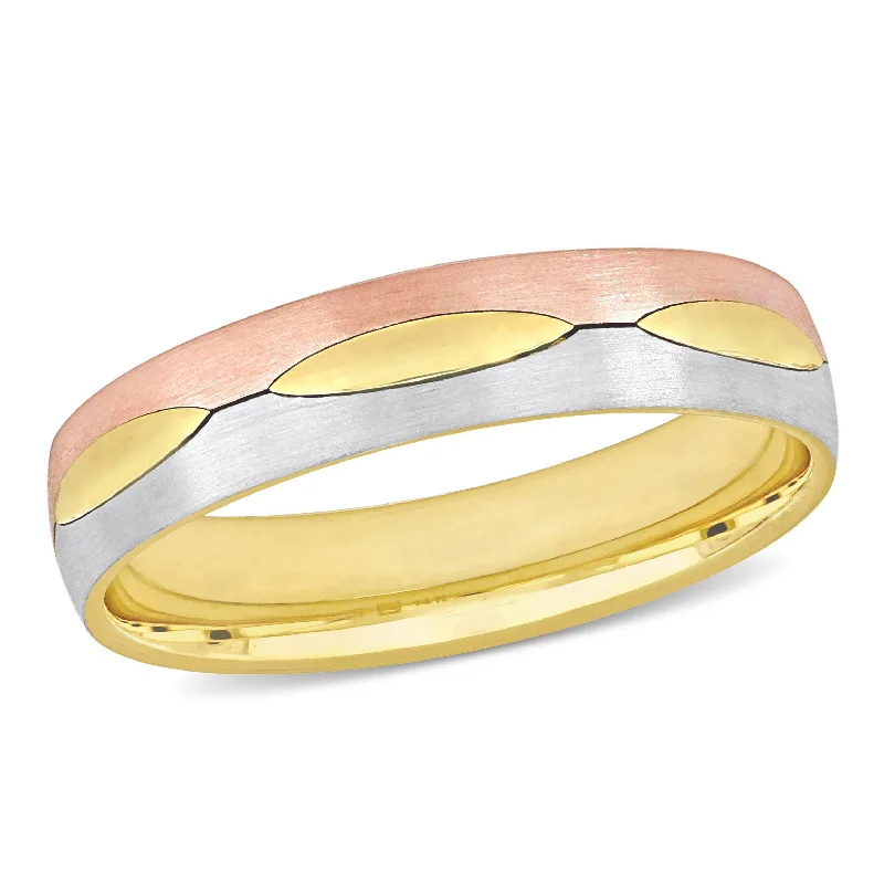 men’s gold rings-Miadora 5 mm Mens Marquise Design Satin Finish Wedding Band in 3-Tone 14k Gold