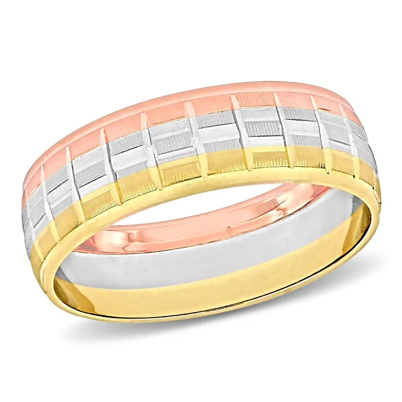 rose gold wedding bands-Miadora 6 mm Mens Textured Wedding Band in 3-Tone 10k Yellow White and Rose Gold