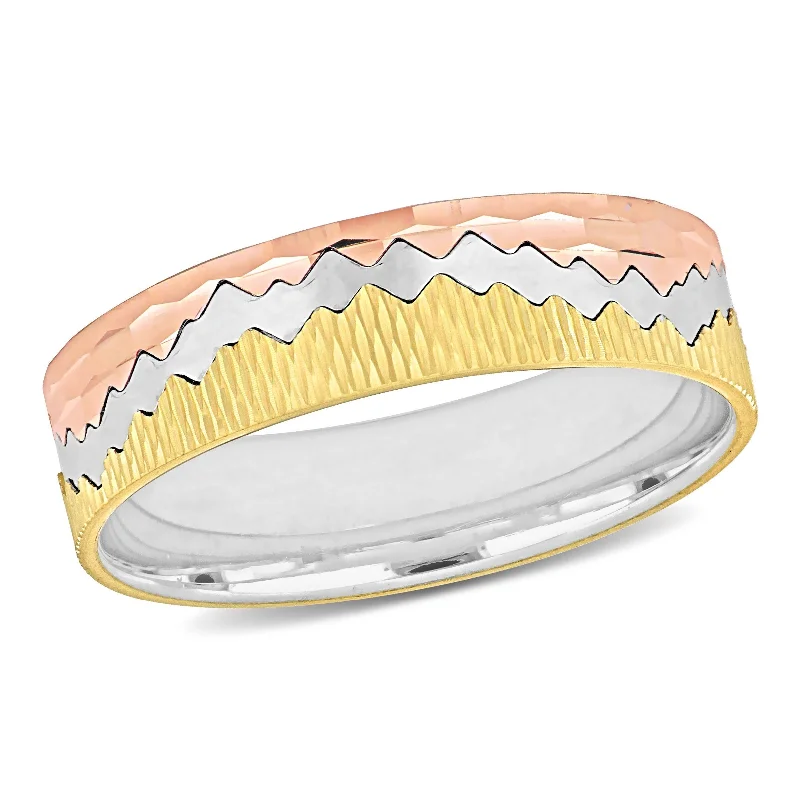 high-quality silver rings-Miadora 6 mm Mens Zigzag Hammered Finish Wedding Band in 3-Tone 14k Gold