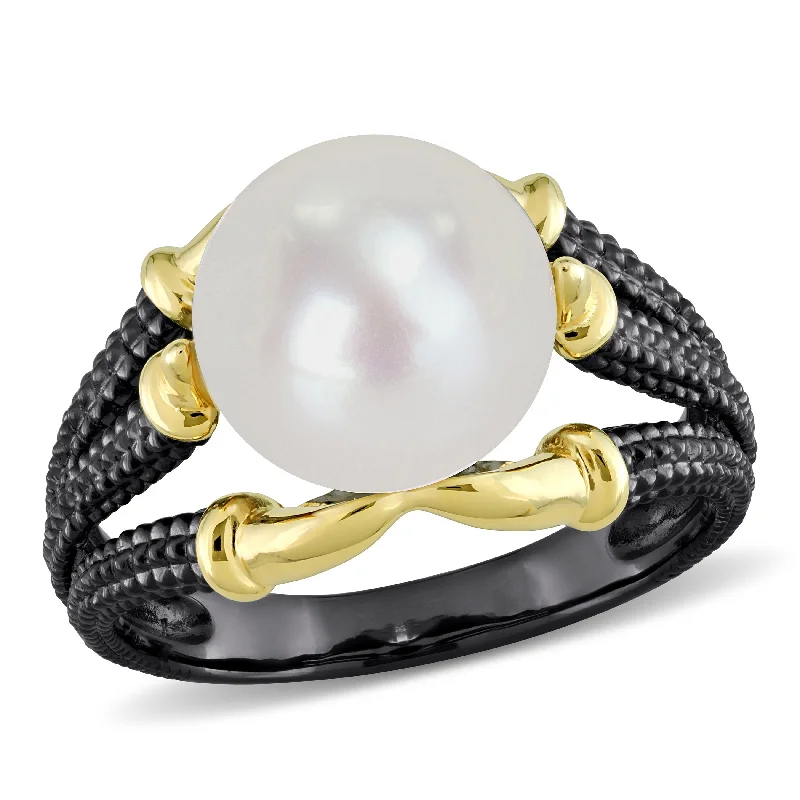 solitaire rings for women-Miadora Mens 10.5-11 mm White Cultured Freshwater Pearl Ring in Yellow and Black Silver