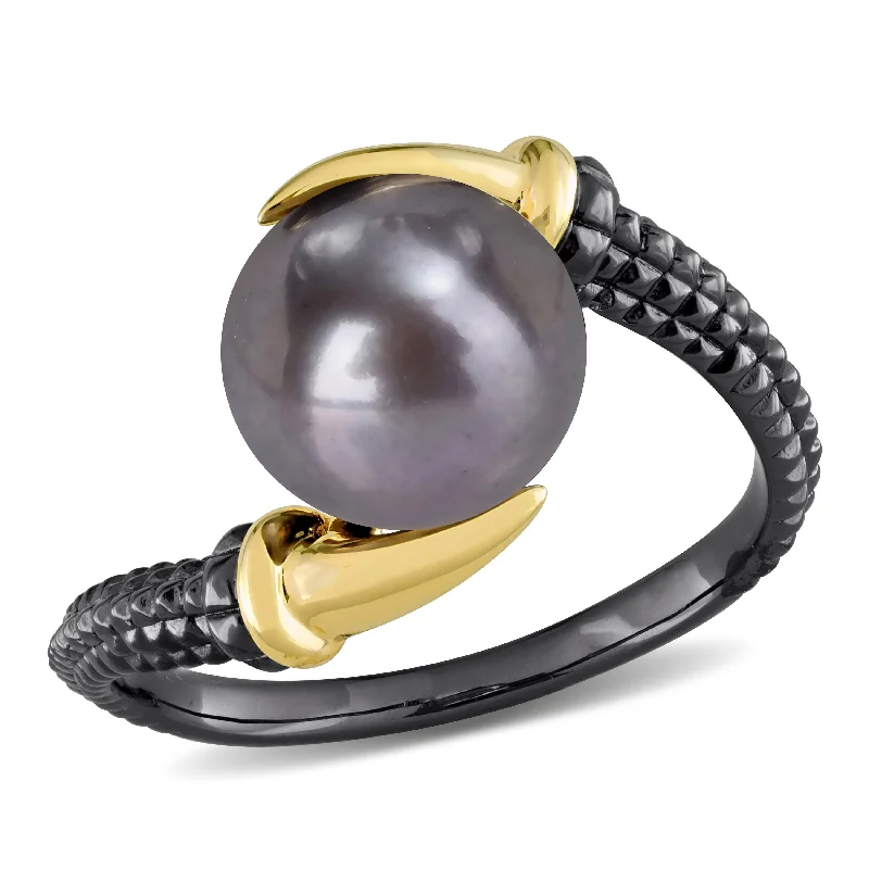 wedding rings for women with diamonds-Miadora Mens 9.5-10 mm Black Cultured Freshwater Pearl Ring in Yellow and Black Silver