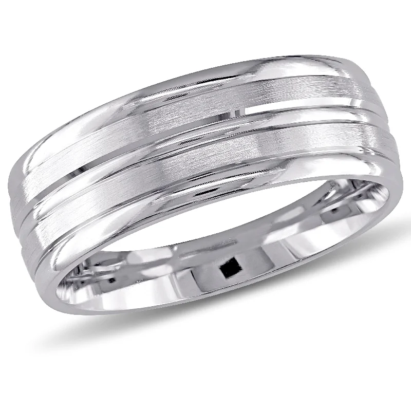 trendy rings for women-Miadora Mens Striped Wedding Band in 14k White Gold (8 mm)